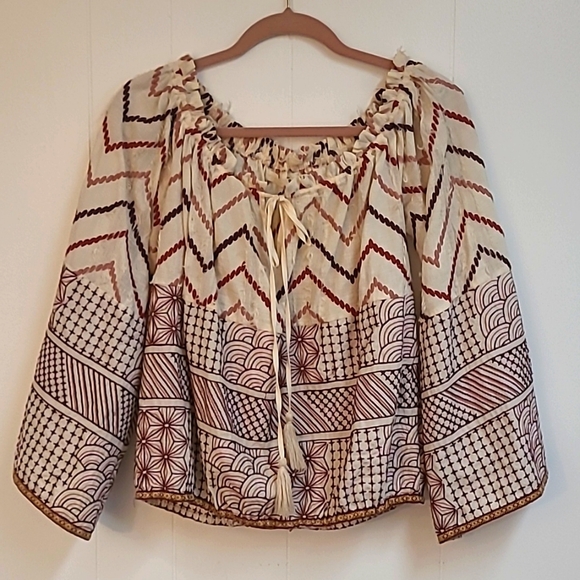 BNCI Tops - BNCI Boho Bell Sleeve Beautiful Geometric Look Top Embroidered Size M